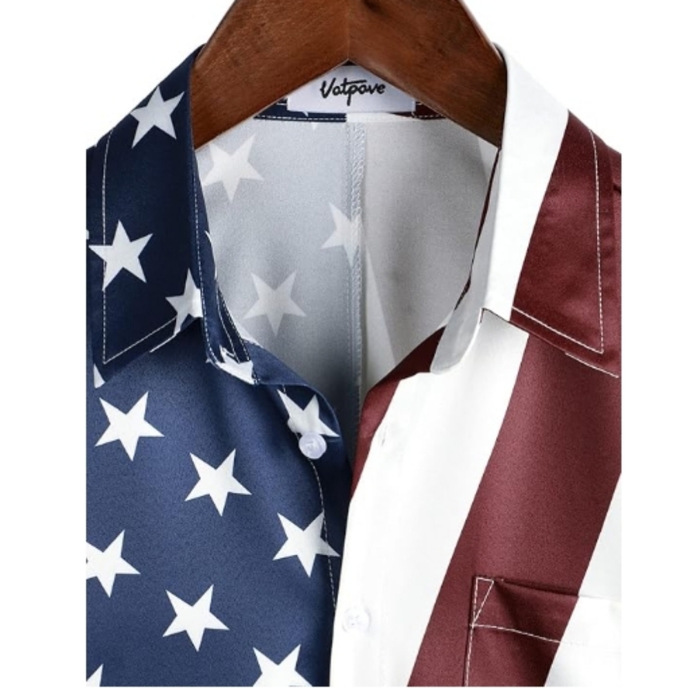 Hawaiian Flamingo Casual Tropical Short Sleeve Shirt American Flag - Picture 3 of 6